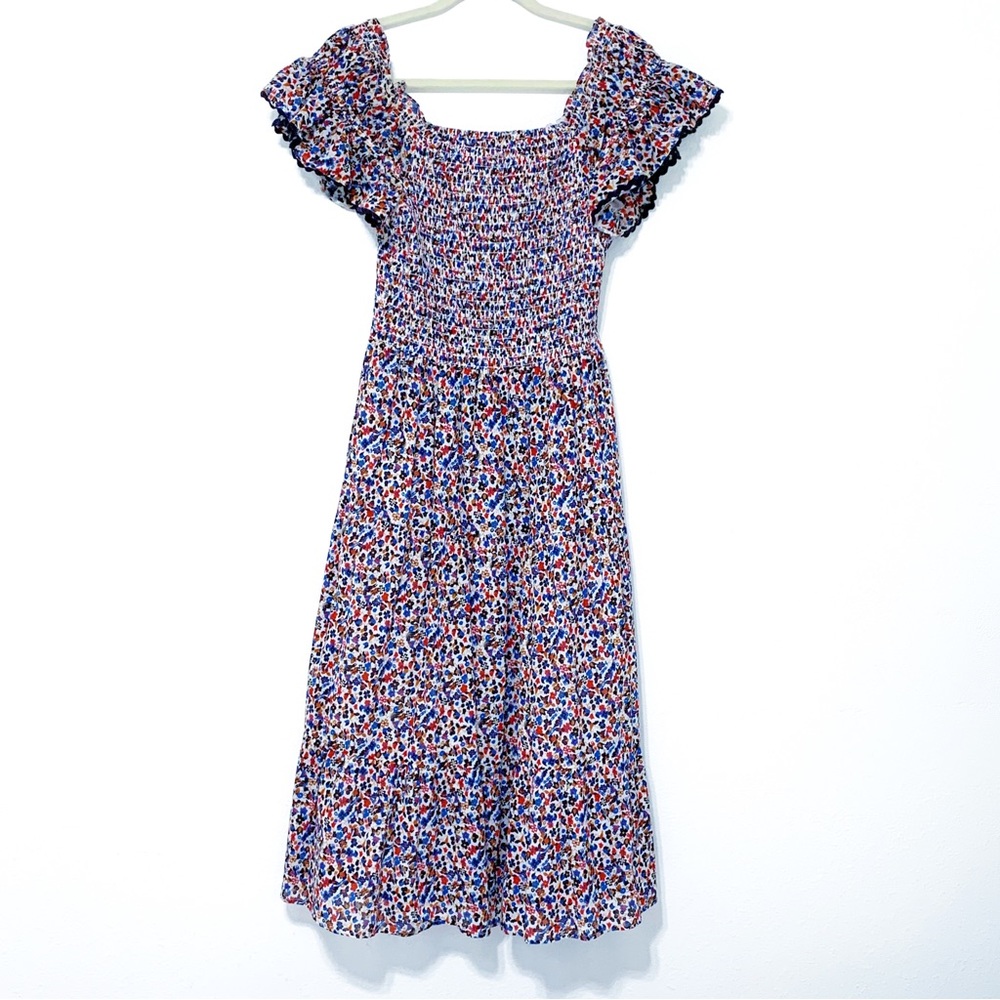 Tory Burch Wildflower Floral Tiered Off shoulder Smoked Navy piping Midi Dress S - Picture 12 of 17